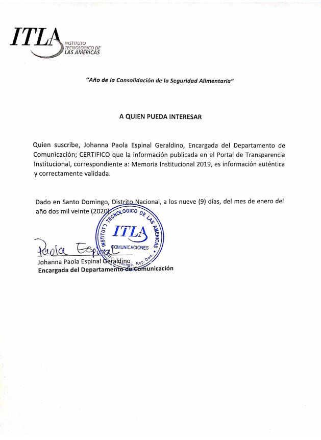 Certificación de Información - Memorias 2019